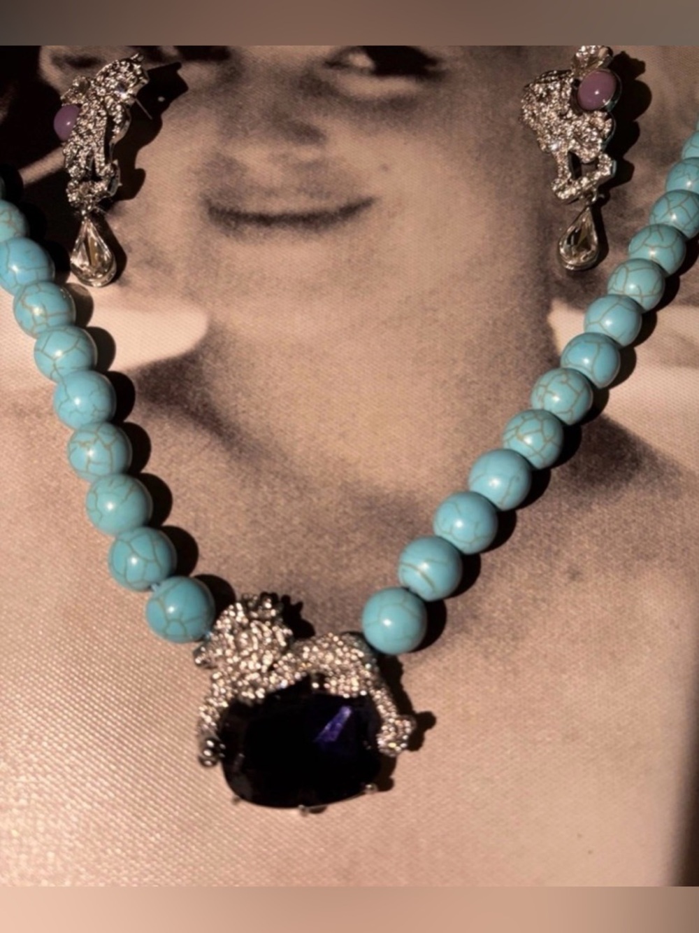 Trifari Turquoise Bead Necklace with Lion and Kirks Folly Lion Earrings
